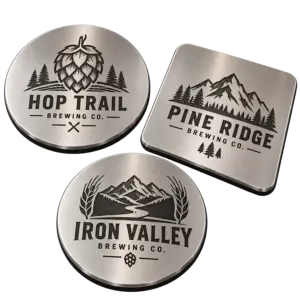 Brewery metal coasters with custom brewery logo samples on a transparent background