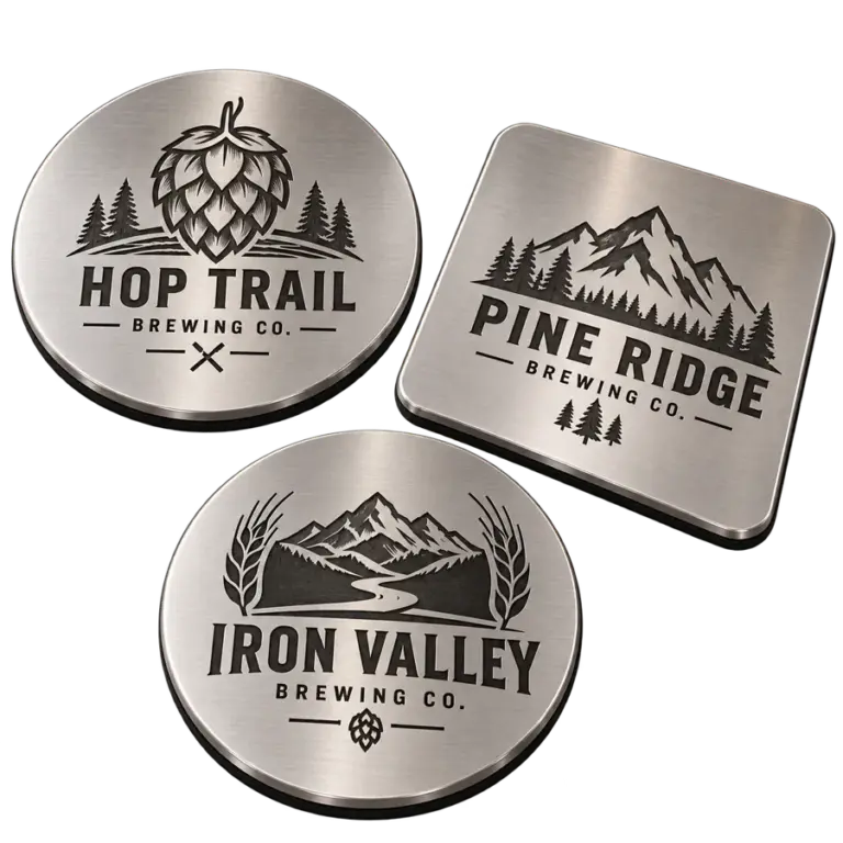 Brewery metal coasters with custom brewery logo samples on a transparent background