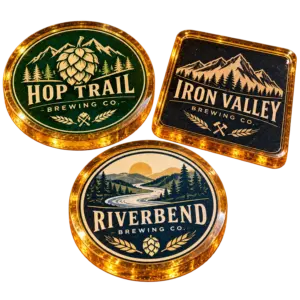 Brewery resin coasters with custom brewery logo samples on a transparent background