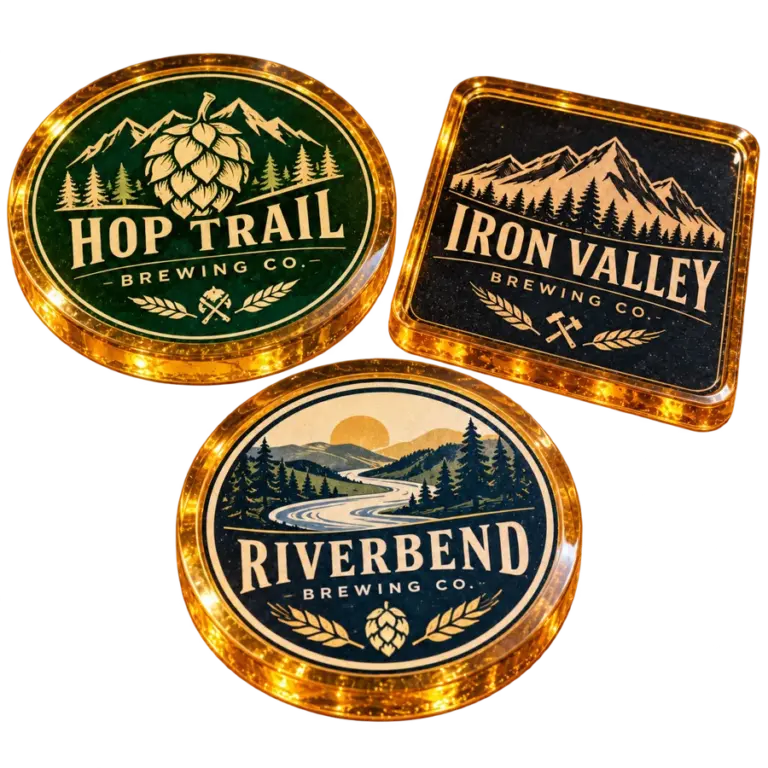Brewery resin coasters with custom brewery logo samples on a transparent background