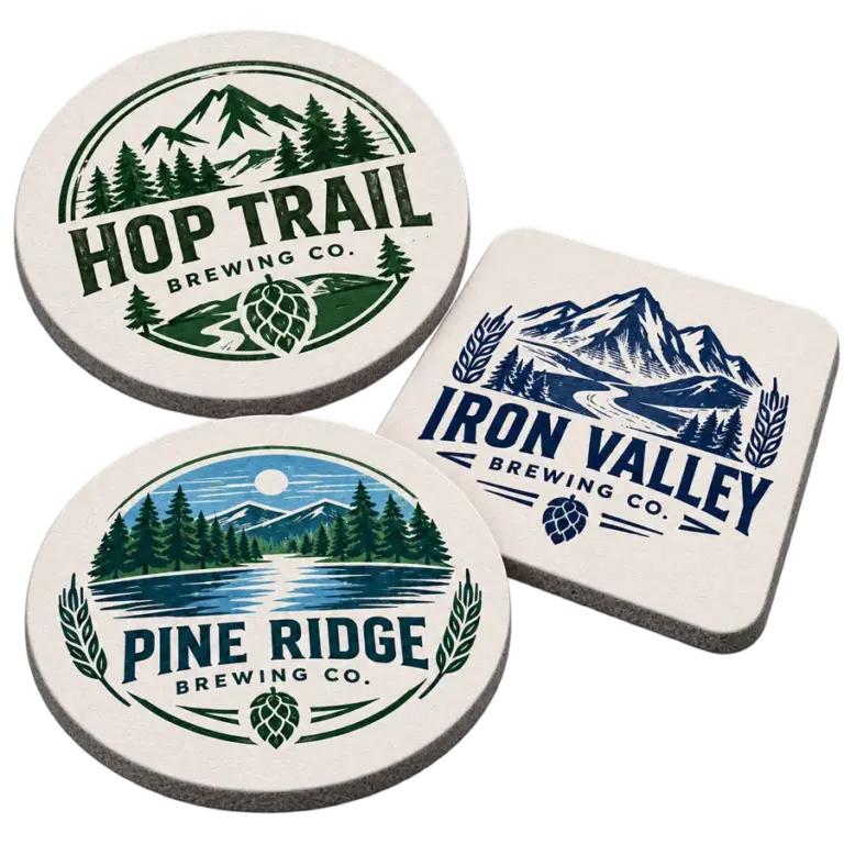 Brewery soft diatom coasters with custom brewery logo samples on a transparent background