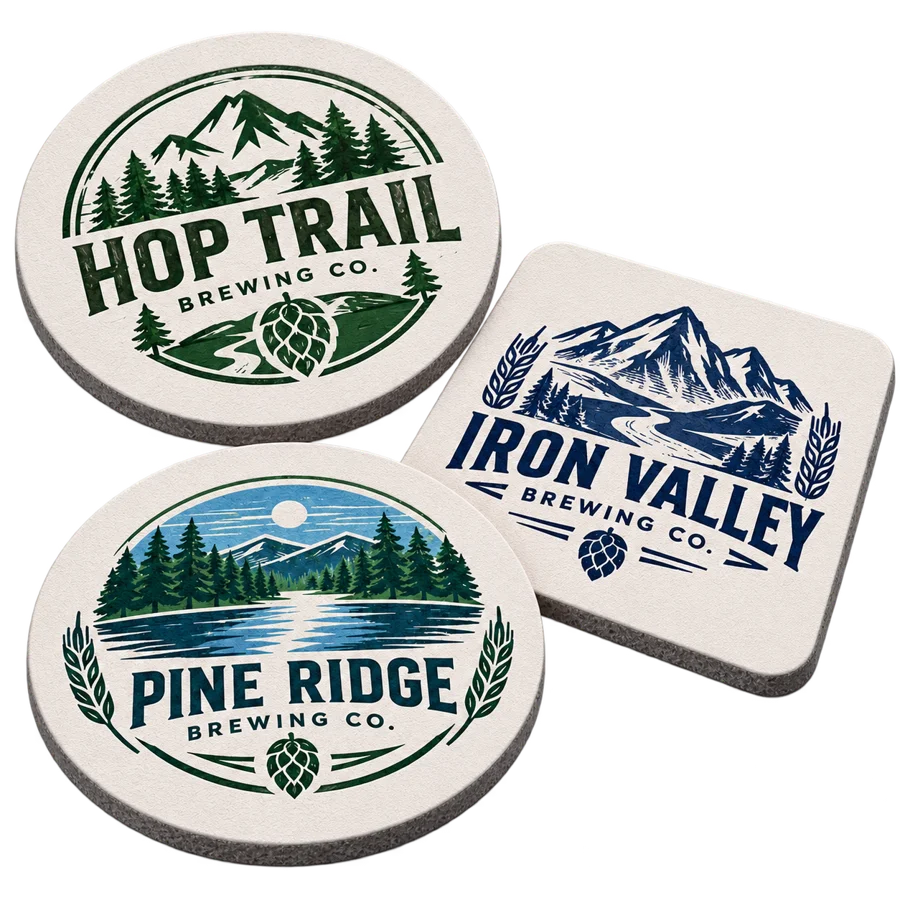 Brewery soft diatom coasters with custom brewery logo samples on a transparent background