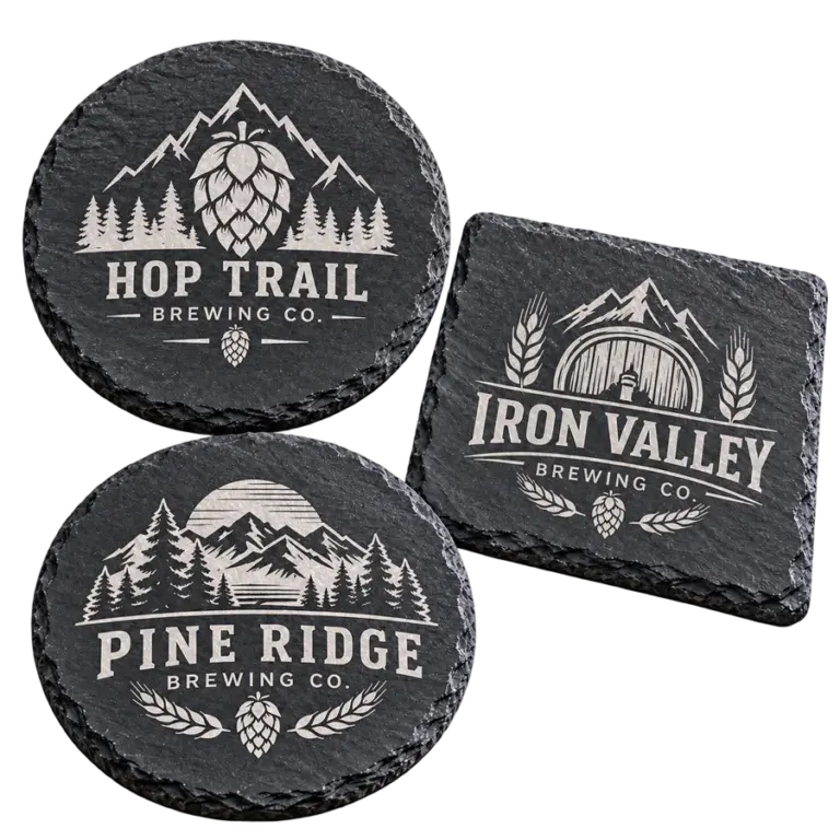 Brewery stone coasters with custom brewery logo samples on a transparent background