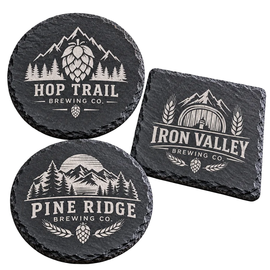 Brewery stone coasters with custom brewery logo samples on a transparent background