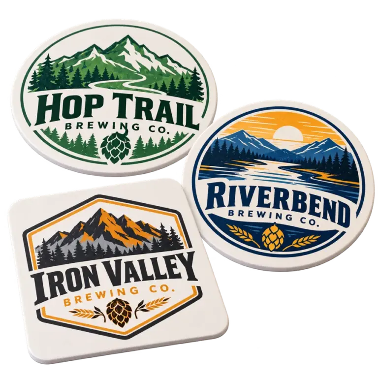 Brewery vinyl coasters with custom brewery logo samples on a transparent background