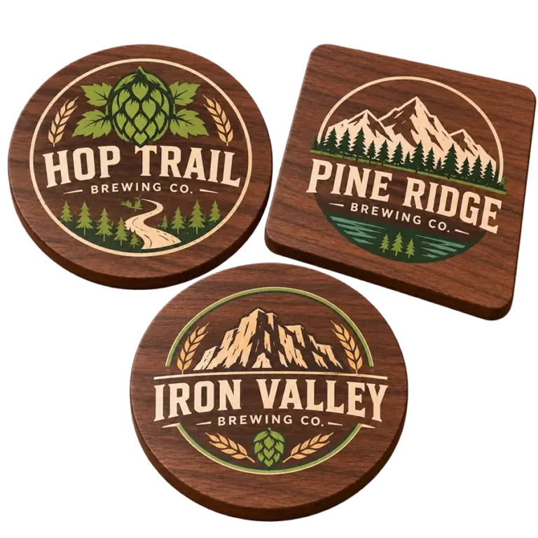 Brewery walnut coasters with custom brewery logo samples on a transparent background