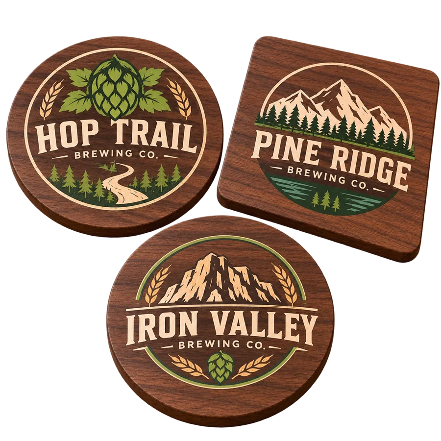 Brewery walnut coasters with custom brewery logo samples on a transparent background